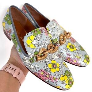 Tory Burch Light blue wallpaper floral horsebit Jessa leather Loafers size 7.5